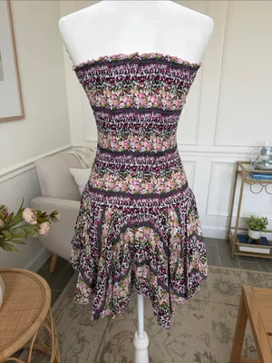 Boho Cottagecore Smocked Cotton Floral Y2K Handkerchief Hem Strapless Dress S thumbnail 4