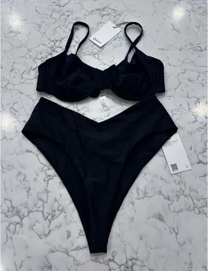 NWT Quince Black Italian Demi Bikini Top & V Cut High Leg Bottom Set Size Large thumbnail 1
