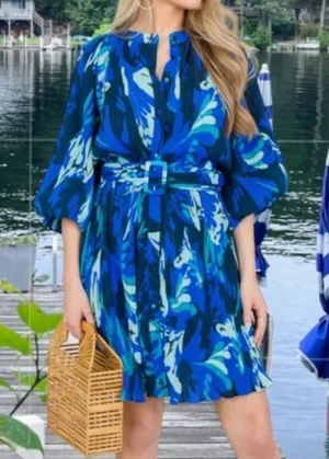 Ciebon XS Blue Pleated Floral Belted Mini Dress Balloon Sleeve Button Front thumbnail 1