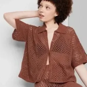 Wild Fable Boho Short Sleeve Knit Crochet Button-Up Cardigan thumbnail 1