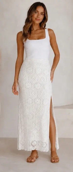 NEW APRICOT crochet lace maxi skirt with split in off white thumbnail 1
