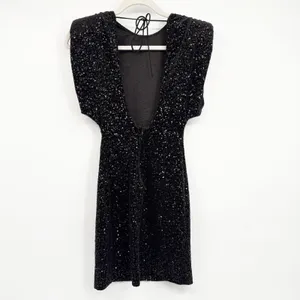 Zara Womens Black Sequin Padded Shoulder Open‎ Back Glam Cocktail Mini Dress XS thumbnail 9