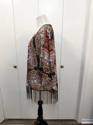 Xhilaration Floral Boho Kimono Cardigan Sheer Fringe Hem Size Large thumbnail 3