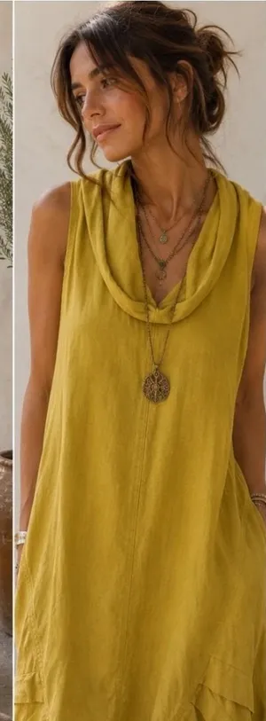 For Cynthia Mustard Yellow Linen Blend Cowl Neck Tulip Hem Midi Dress‎ Small thumbnail 1