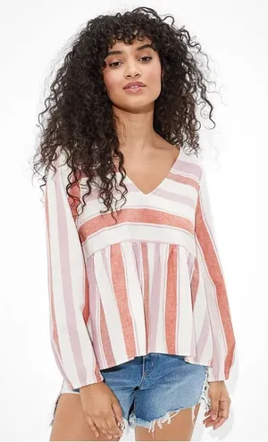 AMERICAN EAGLE Striped Linen Blend V-Neck Peplum Babydoll Top Sz S thumbnail 1