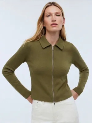 Madewell Ribbed Cotton Zip Front Polo Cardigan Light Sweater Womens Medium Olive thumbnail 1