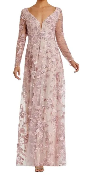 NEW Mac Duggal Pink Floral Applique Long Sleeve Illusion Homecoming Wedding Gown thumbnail 1
