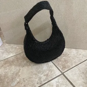 Studio 12 Black Beaded Floral Hobo Shoulder Bag Crescent Y2K Small Purse thumbnail 4