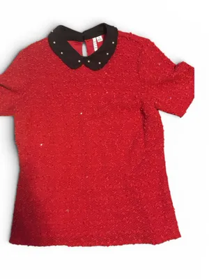 Elle Red Short-Sleeve Knit Top with Black Pearl Collar thumbnail 1