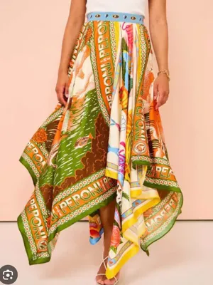 Rosa Clothing Colorful Resort Printed High Waist Handkerchief Hem Boho Skirt L thumbnail 3