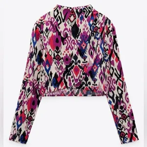 ZARA Abstract Print Mock Neck Long-Sleeve Crop‎ Top Size Small Pink Purple Blue thumbnail 5