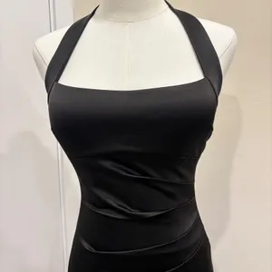 VTG Y2K Cache Black Satin Halter Ruched Bodycon Cocktail Wiggle Dress Pinup Sz 2 thumbnail 3