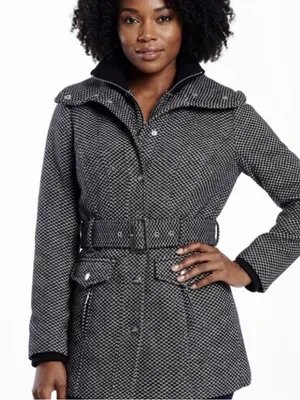 Guess Woven Black & White Belted Trench Coat Jacket thumbnail 1