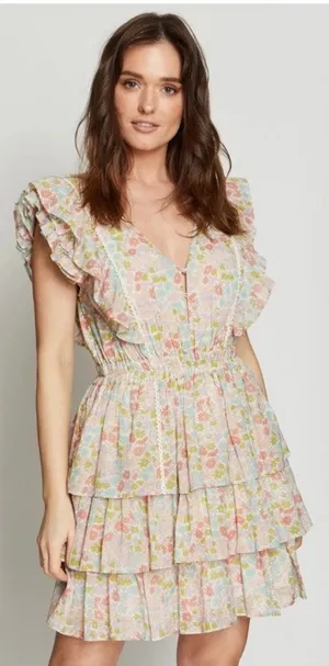 Love The Label Mini Dress Small Pink Green Ines Floral Printed Tiered Ruffle thumbnail 1