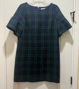 Vineyard Vines Black Watch Plaid Ruffle Sleeve Shift Dress Navy Green Size 6 thumbnail 1