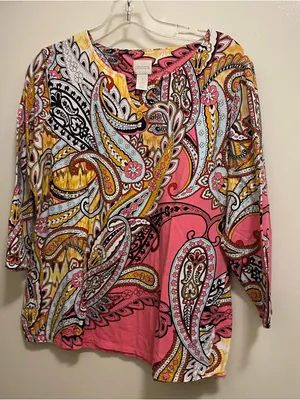 Chico’s Chicos Womens Top Blouse Size 1 M Medium 40” Boho Paisley Pink Yellow thumbnail 1