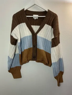 Pink Rose Striped V-Neck Cropped Cardigan in Brown, Light Blue & White Size Larg thumbnail 1