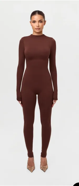 Women’s fitted long sleeve jumpsuit Brown thumbnail 1