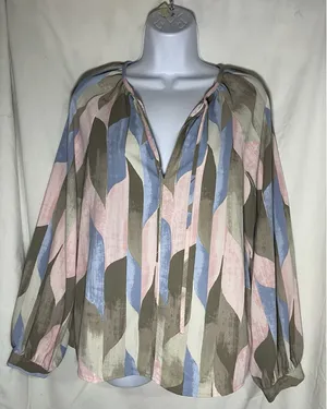 Chico's Worthington Women Medium Blouse Top Long Sleeve Tie Neck Abstract Pink Blue Tap thumbnail 1