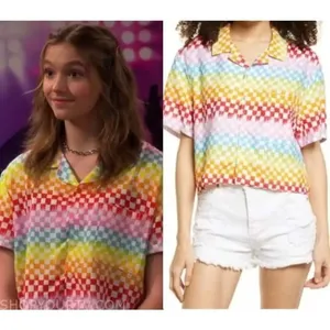 NEW BP Women Size Medium Rainbow Arcade Check Cropped Boyfriend Shirt thumbnail 2