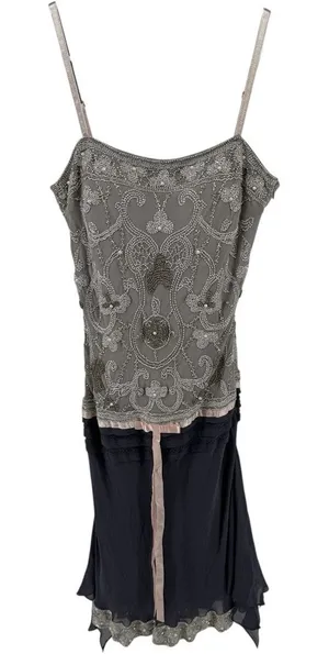 Vintage Cache Dress 100% Silk Knee Beaded Embellished Bow Cami Gray Purple 4 thumbnail 1