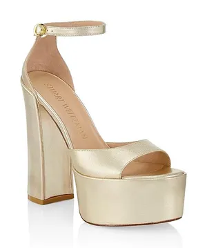 STUART WEITZMAN Skyhigh 145 Gold Metallic Leather Platform Sandals Block Heels thumbnail 1