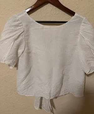 Club Monaco Ivory Tie-Front Puff Sleeve Blouse silk size small tie back thumbnail 1