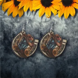 Western style wooden with‎ sunflower shape pattern drop hook earrings Brown thumbnail 7