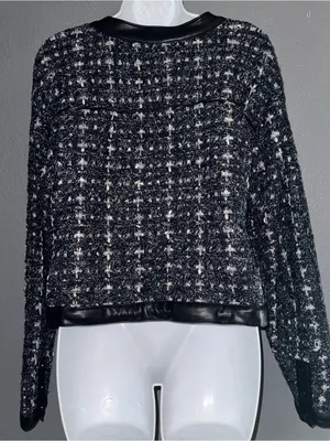 White House Black Market Black Tweed Style Cropped Leather Trim Jacket Large thumbnail 5