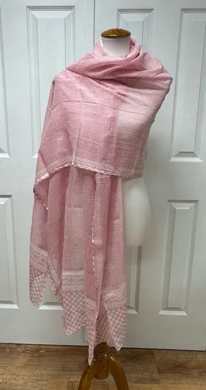 Pink and White Lightweight Puree Cotton Patterned Shawl‎ or Scarf - 97" x 32". thumbnail 1