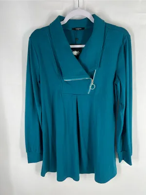 Valolia Teal Zipper Lapel Swing Tunic Top Size M NWT thumbnail 2