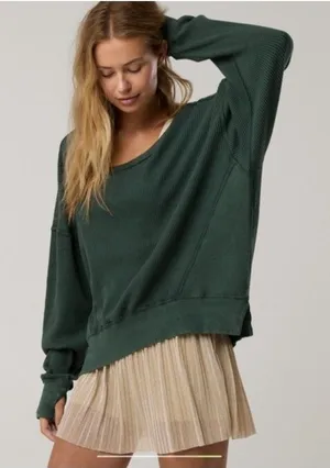 OFFLINE By Aerie Wow! Waffle Knit Oversized Long Sleeve Size S Tshirt Dark Green thumbnail 1