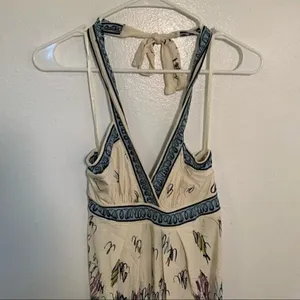 BCBGMAXAZRIA Women's Size XS Halter Sun Dress‎ Cream Blue Floral Surplice Neck thumbnail 4
