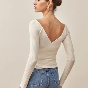 Reformation Minnie Ivory V-Neck Wrapped Knit Long Sleeve Ribbed Sweater Top XS thumbnail 2