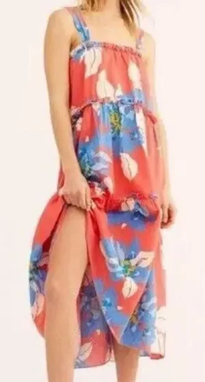 Free People Moonshine Tiered Midi Vibrant Coral Floral Sundress thumbnail 1