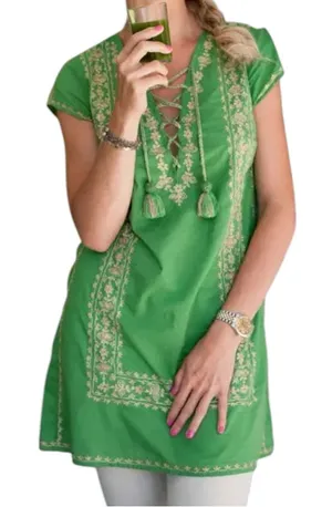 Calypso St. Barth XS Green Gold Embroidered Cotton Lace Up Tassel Tunic Dress thumbnail 1