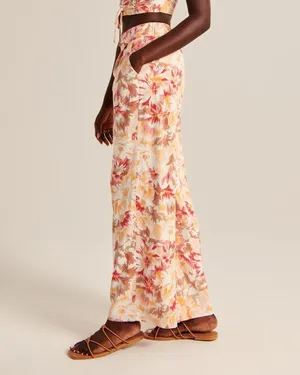 ✨Abercrombie & Fitch Linen-Blend Pull-On Wide Leg Orange Pattern Sz Small R Pant thumbnail 3