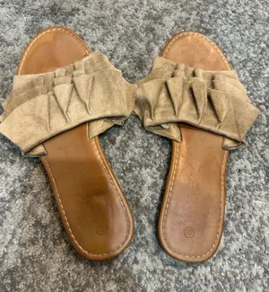 Suede Ruffle Slide Sandals in Tan Size 10 thumbnail 1