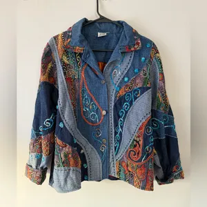 Vtg Parsley & Sage Botanical Floral Embroidered Button Up Denim Jacket Patchwork thumbnail 2