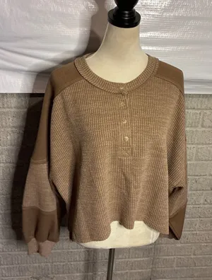 Blu Pepper Brown Waffle Knit Henley Colorblock Long Sleeve Top M thumbnail 1