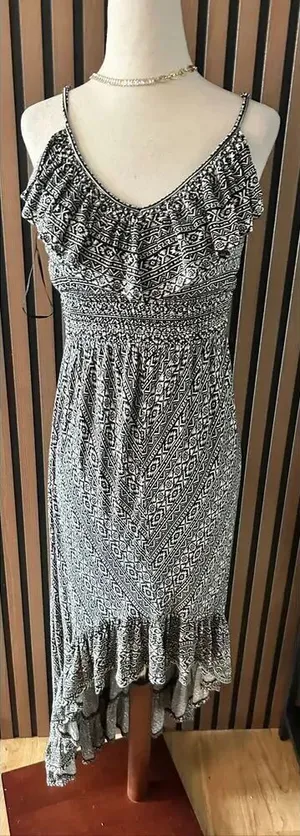 Express black-and-white beach dress thin straps, ruffles low and high thumbnail 1