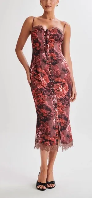 NEW Meshki Floral Lace Up Satin Midi Dress Women’s Size Large thumbnail 1