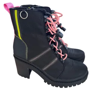 Steve Madden BetaMax Black Nylon Pink & Green Lace Up Platform Combat Boot thumbnail 1
