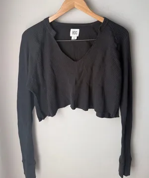 BDG Black Waffle Knit Raw Hem Cropped Long Sleeve Lounge V Neck Top Large thumbnail 1