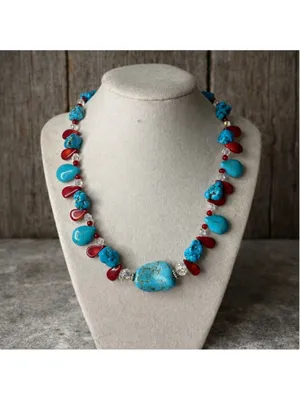 Artisan Jewelry Turquoise & Red Beaded Necklace | 18” thumbnail 2