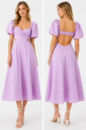 New ASTR the Label Lilac Puff Sleeve Open Back Midi Dress Size M thumbnail 2