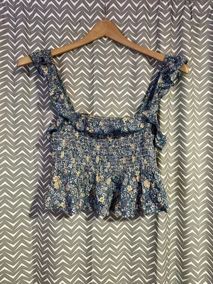 NWT Natural Life | Angelina Smocked Top - Blue Ditsy Floral, Large thumbnail 3