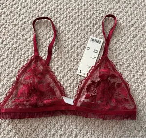 Kat the Label Size Extra Small XS Women's Sheer Floral Lace Bralette in Burgundy thumbnail 1