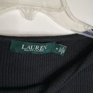 Lauren Ralph Lauren Black Ribbed Knit Long Sleeve Top M Silver Crest Button Cuff thumbnail 2