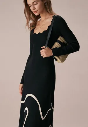 RIHOAS The Black Wave Scalloped Sweater Midi Dress 73 thumbnail 5
